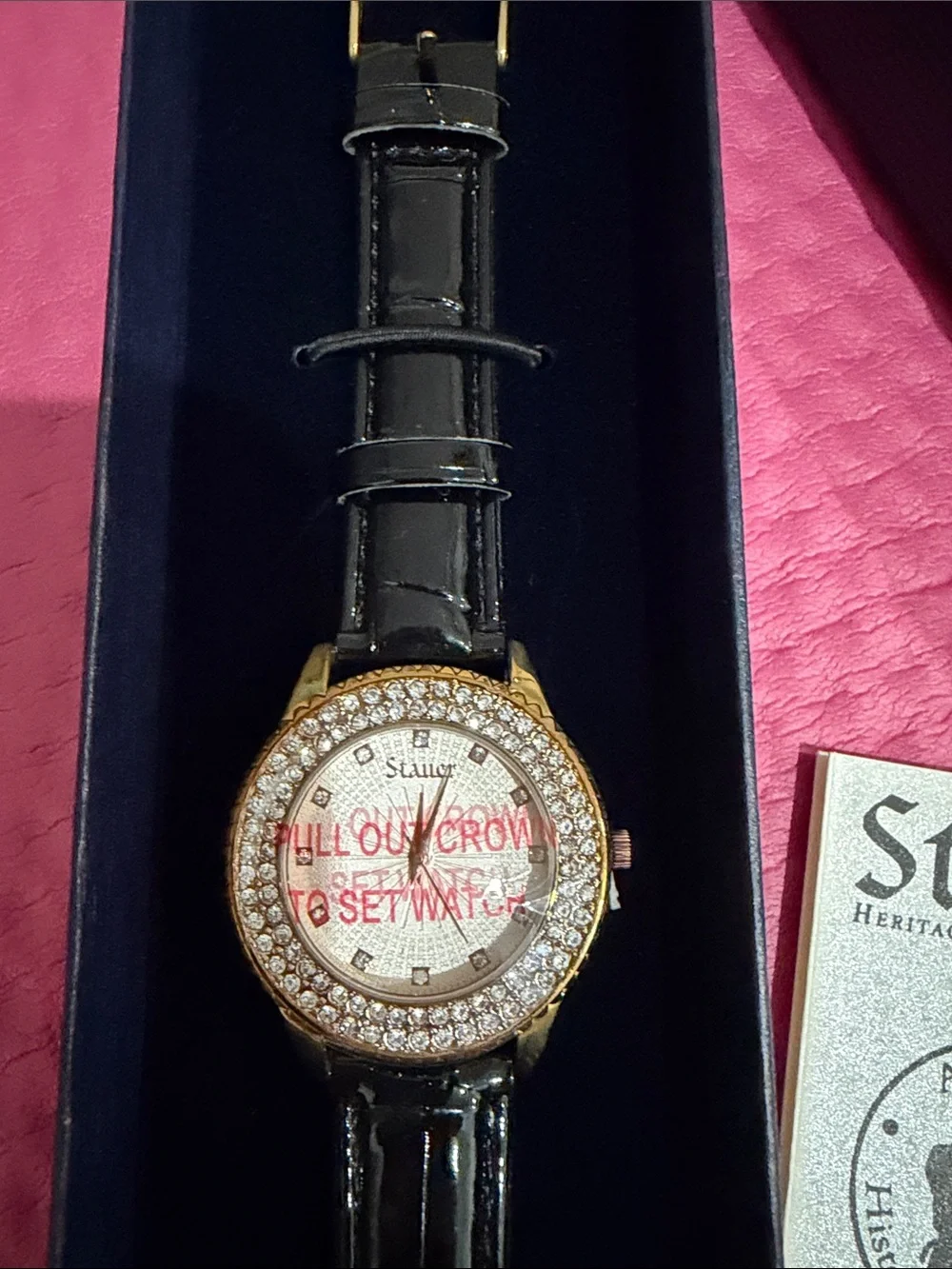 Stauer Crystal Bezel Black Leather Strap Watch